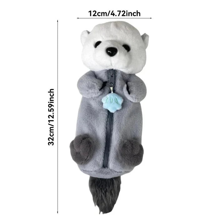 Plush otter pencil case in gray and white with blue charm, size 12cm x 32cm