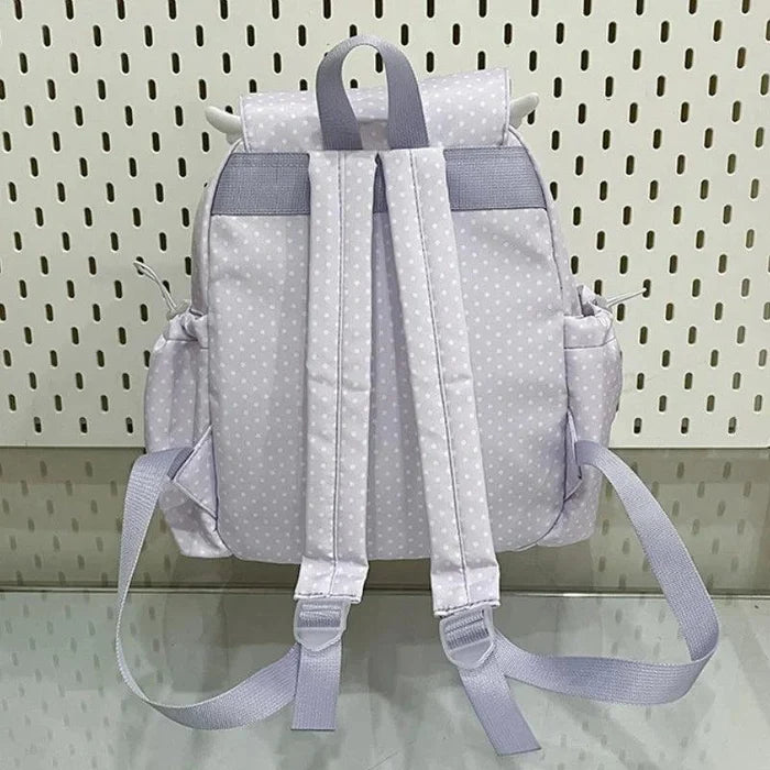 Lilac polka dot backpack with front organizer panels and padded shoulder straps