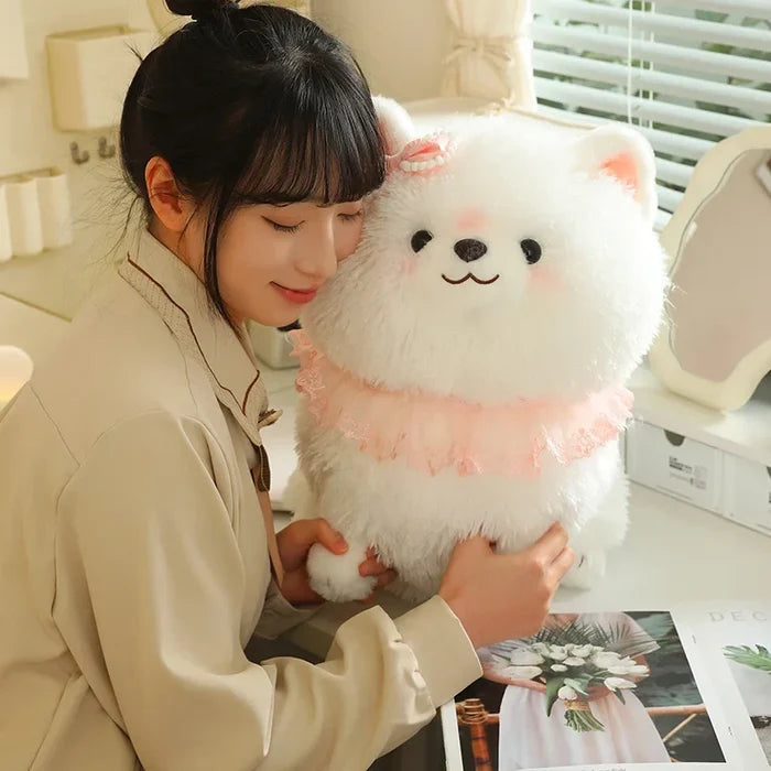 Kawaii Pretty Pomeranian Plushie – Fluffy White Dog with Pink Ruffle Collar | 31cm, 37cm & 52cm