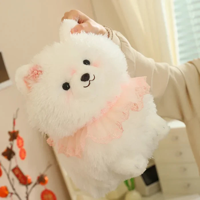 Kawaii Pretty Pomeranian Plushie – Fluffy White Dog with Pink Ruffle Collar | 31cm, 37cm & 52cm