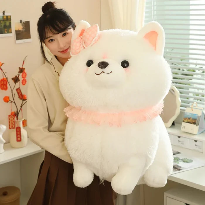 Kawaii Pretty Pomeranian Plushie – Fluffy White Dog with Pink Ruffle Collar | 31cm, 37cm & 52cm