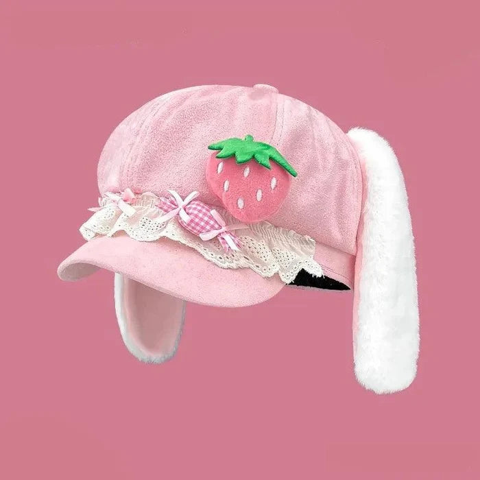 Pink strawberry bunny hat with green strawberry applique, lace ruffle band, and white ears