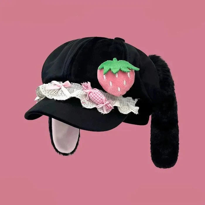 Black strawberry bunny hat with green strawberry applique, pink bow, and white lace ruffle