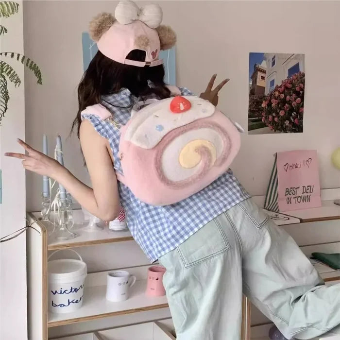 Kawaii Swiss Roll Plush Backpack | Soft Novelty Cake Bag | Cute Travel Gift