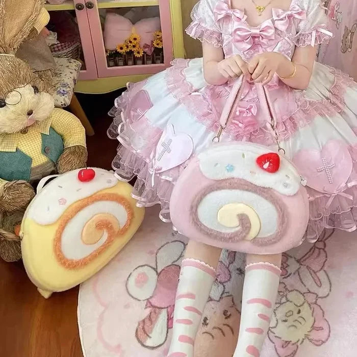 Kawaii Swiss Roll Plush Backpack | Soft Novelty Cake Bag | Cute Travel Gift