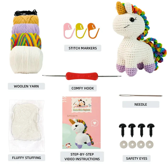 Kawaii Unicorn Crochet Kit for Beginners – Complete Amigurumi Starter Set | Everything Included | Cute Craft Gift