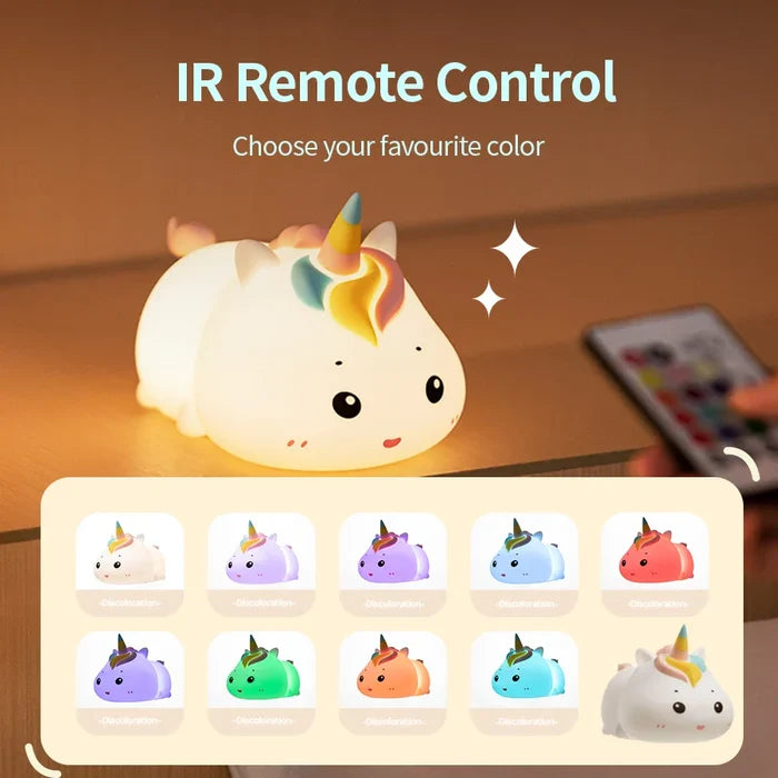 White unicorn night light with remote control color icons beneath