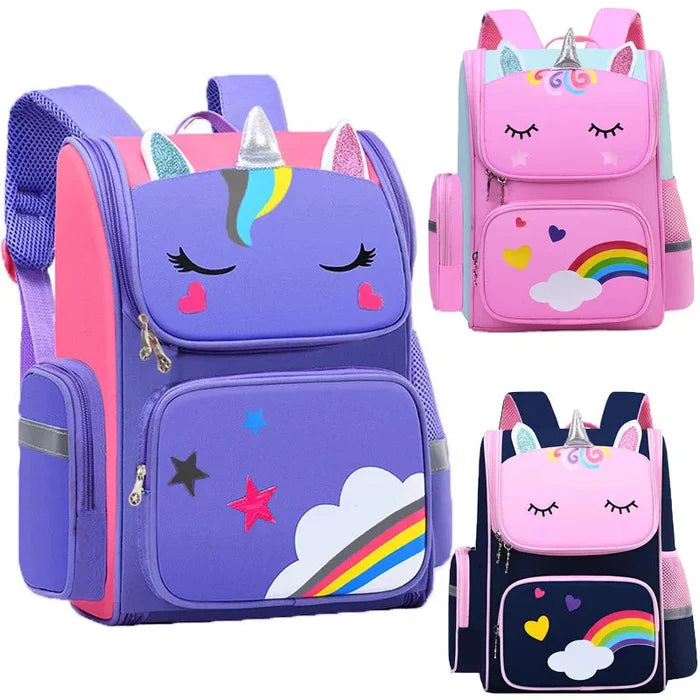 Purple and pink unicorn backpack with rainbow eye print, front zipper pocket, side mesh.