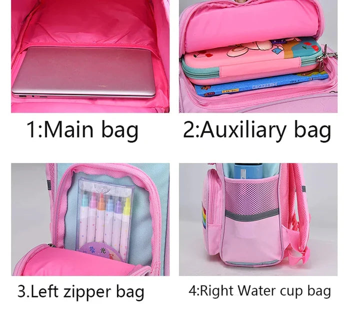 Pink unicorn backpack showing inner main compartment, auxiliary pocket, and front organizer sections.