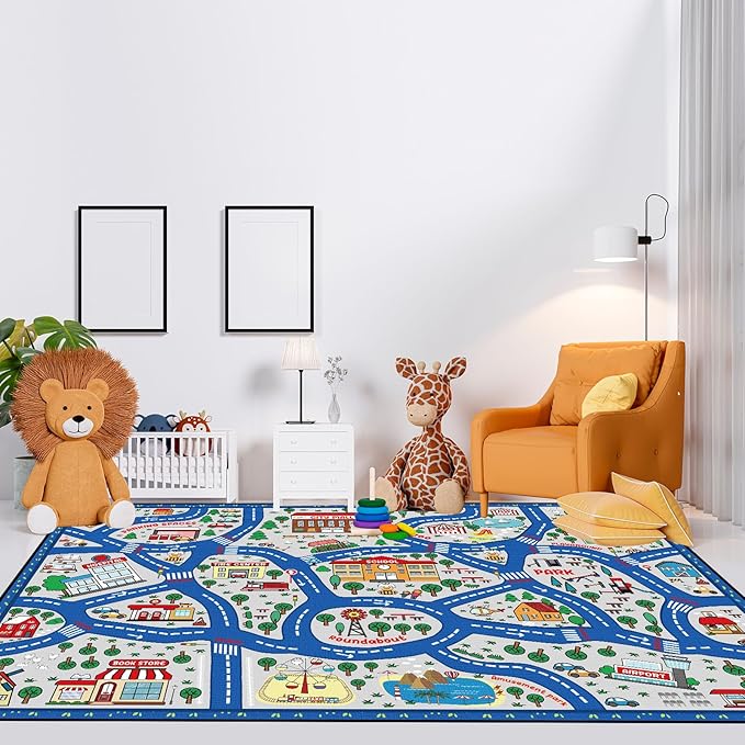 Kids city traffic playmat rug in blue with colorful road map and landmark illustrations