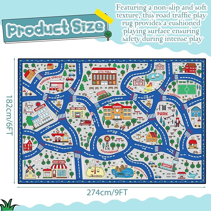 Rectangular kids city traffic playmat rug in blue with winding roads and small buildings