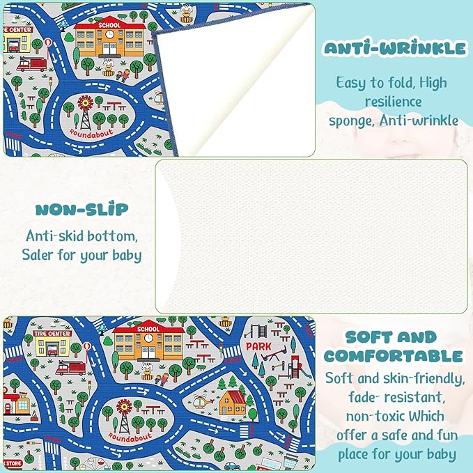 Blue city traffic playmat rug shown folded with textured non-slip backing panels