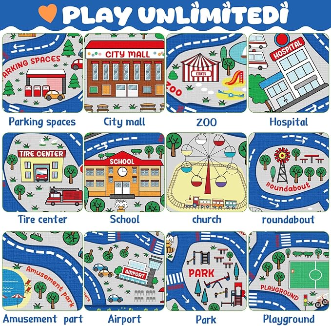 Kids city traffic playmat rug in blue with illustrated road sections, parks, and buildings