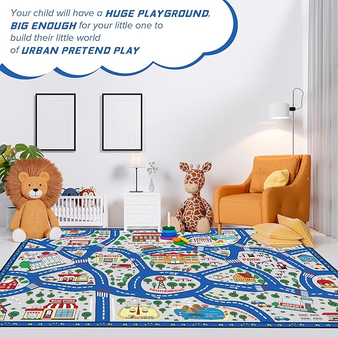 Blue city traffic playmat rug spread flat with colorful streets and town map details