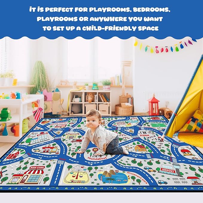 Kids city traffic playmat rug in blue with looped roads, parks, and activity icons