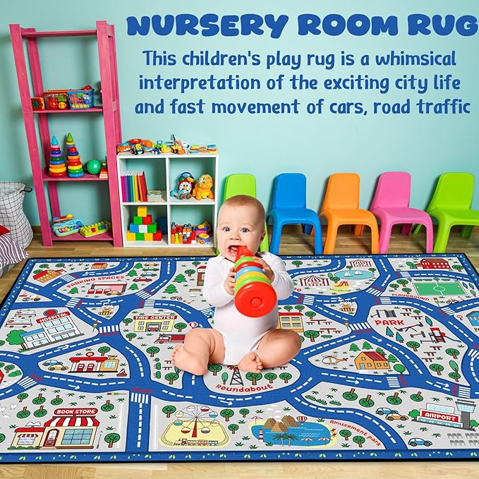Kids city traffic playmat rug in blue with curved roads, trees, and landmark pictures