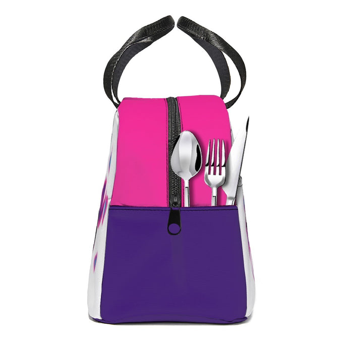 Kids lunch tote bag with top pink panel, purple bottom, black handles; fork and spoon inside.
