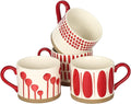 Hand-painted ceramic mug set, white with red designs and red C-shaped handles