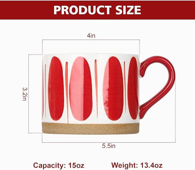 Hand-painted ceramic mug with red oval stripe pattern on white, red handle