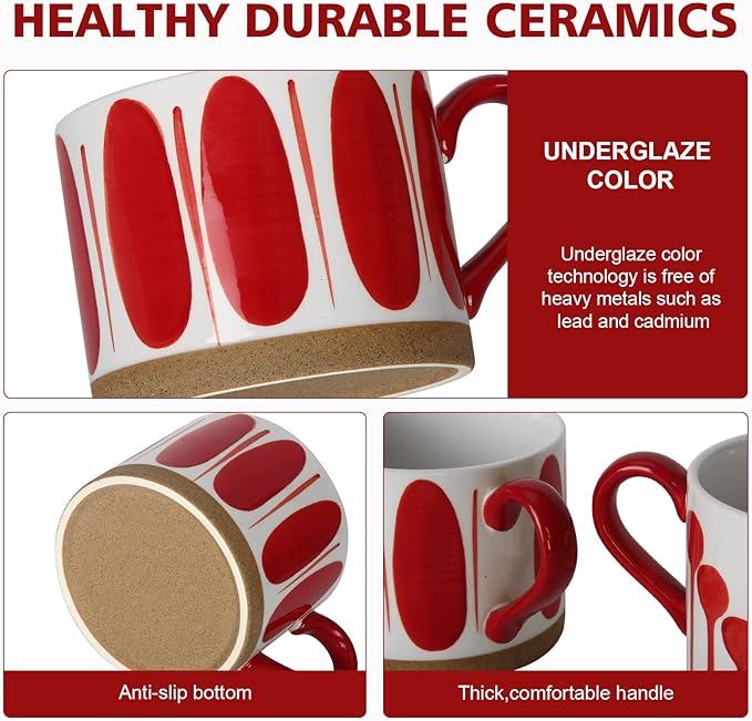 Hand-painted ceramic mug with red oval underglaze design on white, red handle