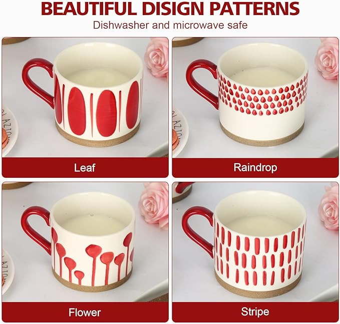Hand-painted ceramic mugs set with four red patterns on white, red handles