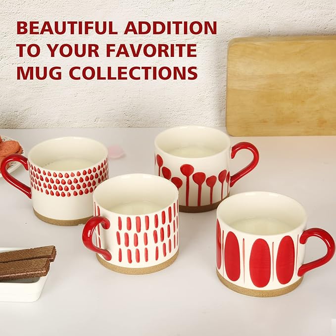 Hand-painted ceramic mugs set, white with red designs and red handles