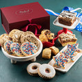 Elegant gift basket with assorted cookies and bow-tied lid