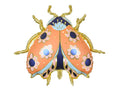 Front view ladybug balloon with orange wings, blue flower spots, and gold antenna arms