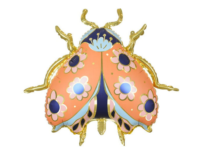 Front view ladybug balloon with orange wings, blue flower spots, and gold antenna arms