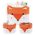 Orange and white woven baby storage basket with fox face design and folded rim