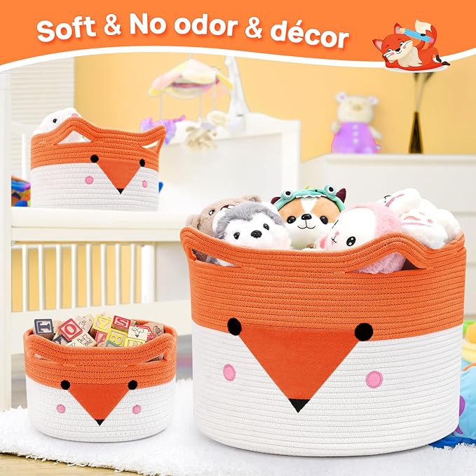 Set of three orange-and-white woven storage baskets with fox face design
