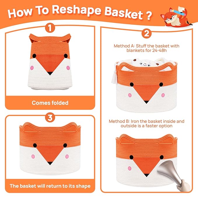 Fox-face woven baby basket shown folded and reshaped for storage