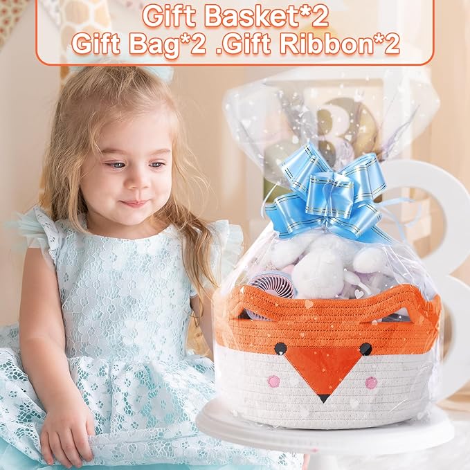 Orange and white woven gift basket with fox face design, filled with plush toys