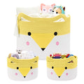 Woven baby toy storage baskets, set of 3, yellow and white animal face design