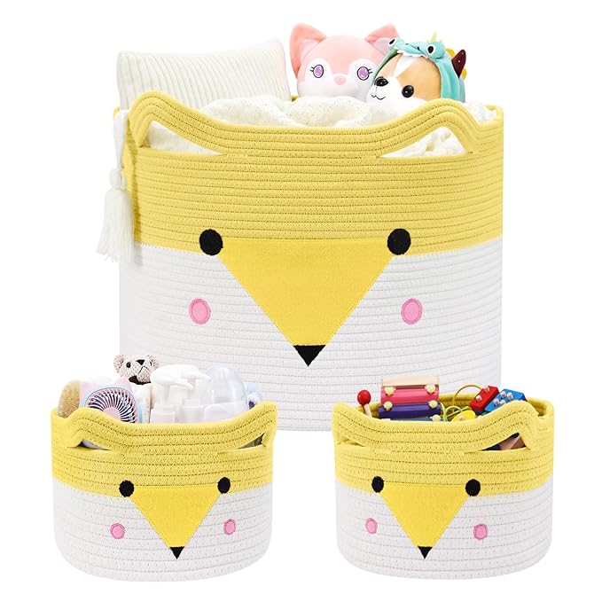 Woven baby toy storage baskets, set of 3, yellow and white animal face design