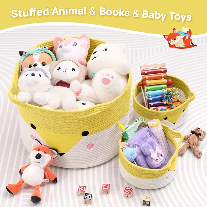 Woven baby toy storage baskets with yellow rims and animal face prints, 2 baskets shown