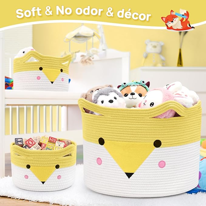 Woven baby storage baskets with yellow-and-white animal face print, holding plush toys