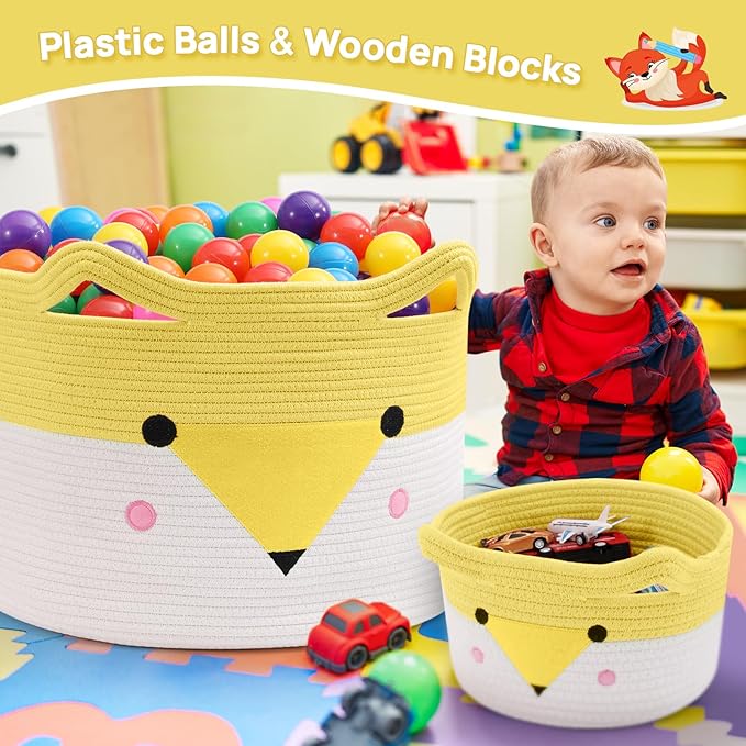 Woven baby toy storage basket with yellow rim and white animal face print