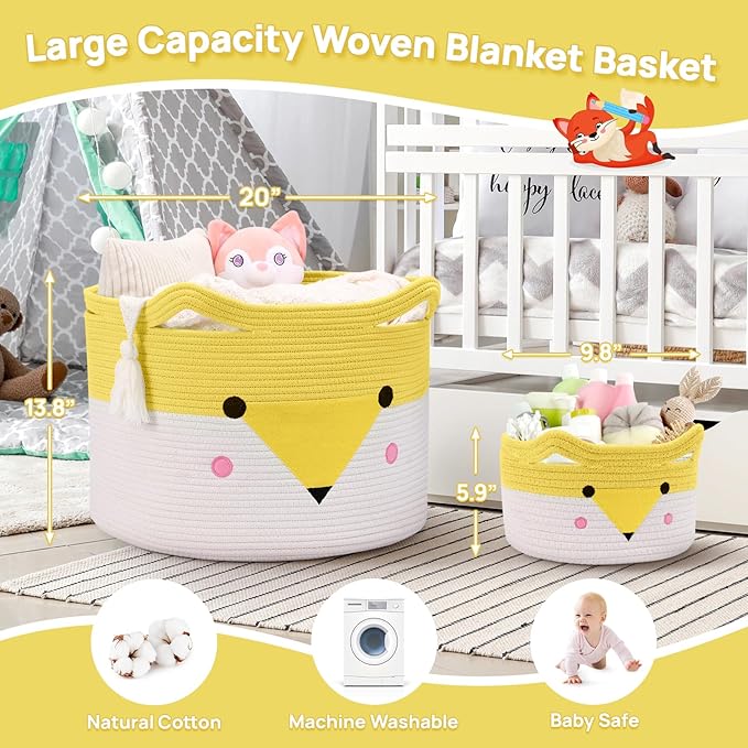 Large woven baby blanket basket with yellow-and-white animal face design, with small basket