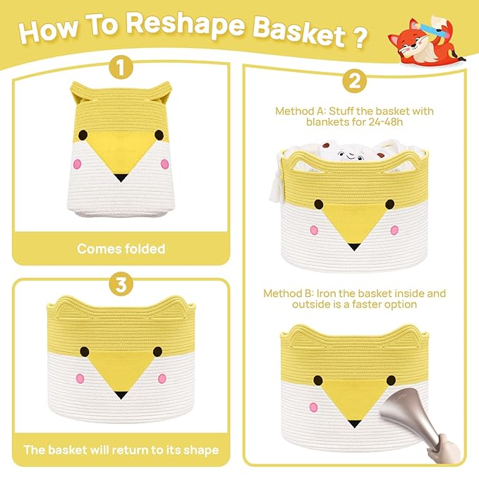 Folded and reshaped woven baby storage basket with yellow-and-white animal face print