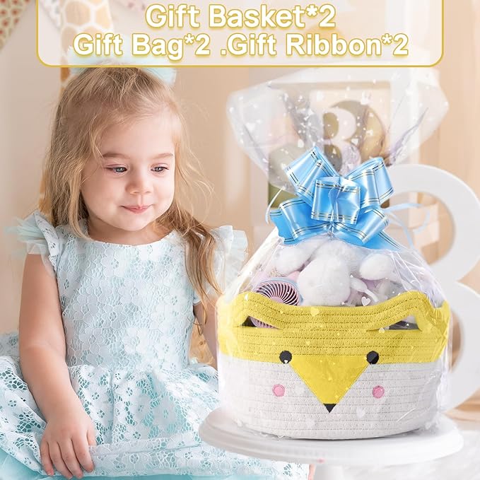 Woven baby gift basket with yellow-and-white animal face print, filled with plush toys