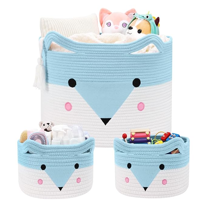 Woven baby toy storage basket set in blue and white with animal face design, open top.