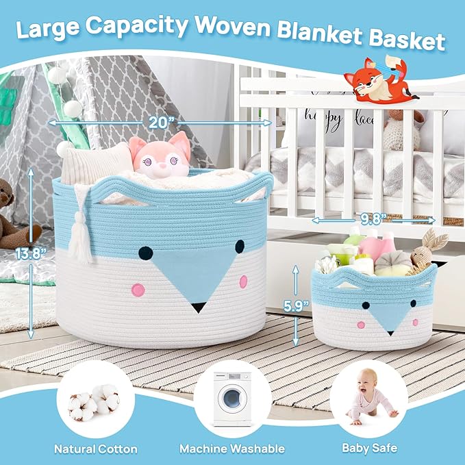 Large woven blanket storage basket in blue and white with animal face design, open top.