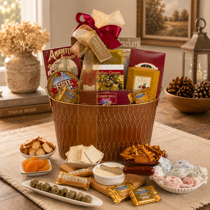 Gift basket with wicker container filled with cheese, crackers, olives, and a red ribbon bow