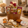 Gift basket with wicker container filled with cheese, crackers, olives, and a red ribbon bow