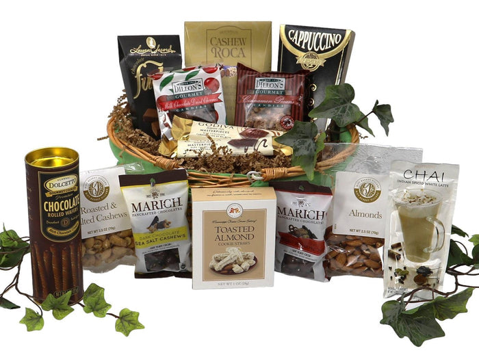 Gift basket with wicker base and assorted candy, nuts, and snack bags
