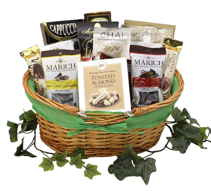 Mother's Day gift basket: wicker basket filled with assorted chocolates and snacks