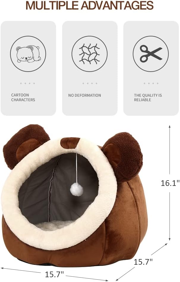 Brown cat bed cave with bear ears, plush rim and hanging ball, dimensions shown