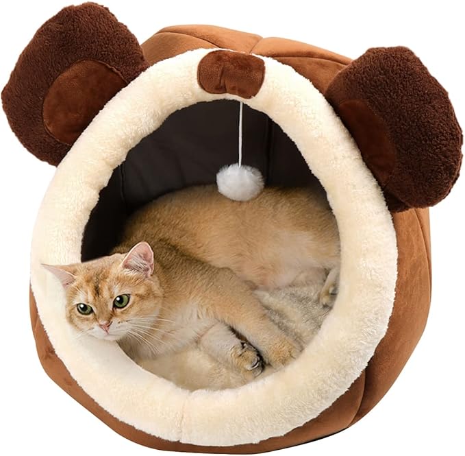 Brown cat bed cave with cream plush ring and bear ears, tan cat lounging inside