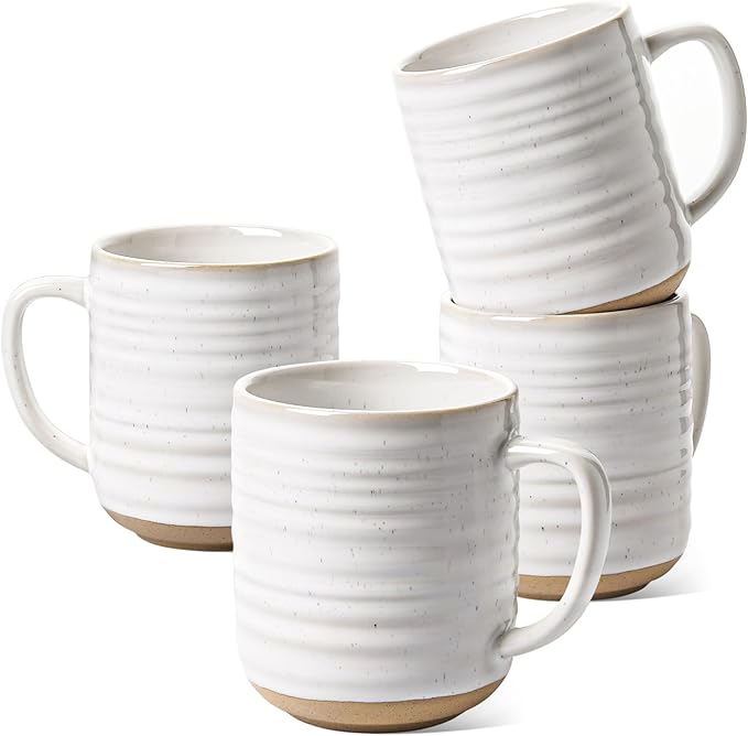 LE TAUCI arctic white ceramic mug set, ribbed texture, 4 handled mugs